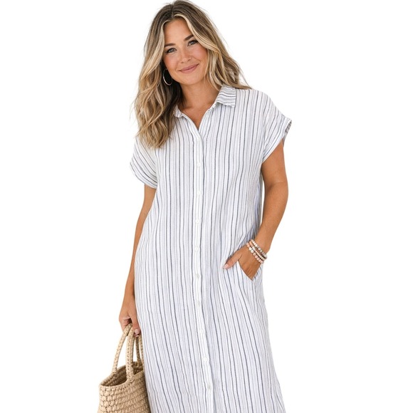 Ann Taylor Factory Dresses & Skirts - Ann Taylor Factory XS Blue White Striped Shirt Dress Cotton Button Front Casual‎